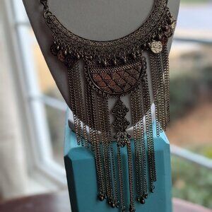 Antique Boho Statement Necklace - Vintage Filigree Pendant with Layered Chains